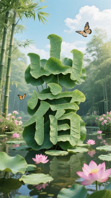 画面视觉中心为荷叶组成的“山宿”大字，宁静的池塘，幽静的竹林，荷叶，荷花，竹叶，蝴蝶，蓝天白云预览效果