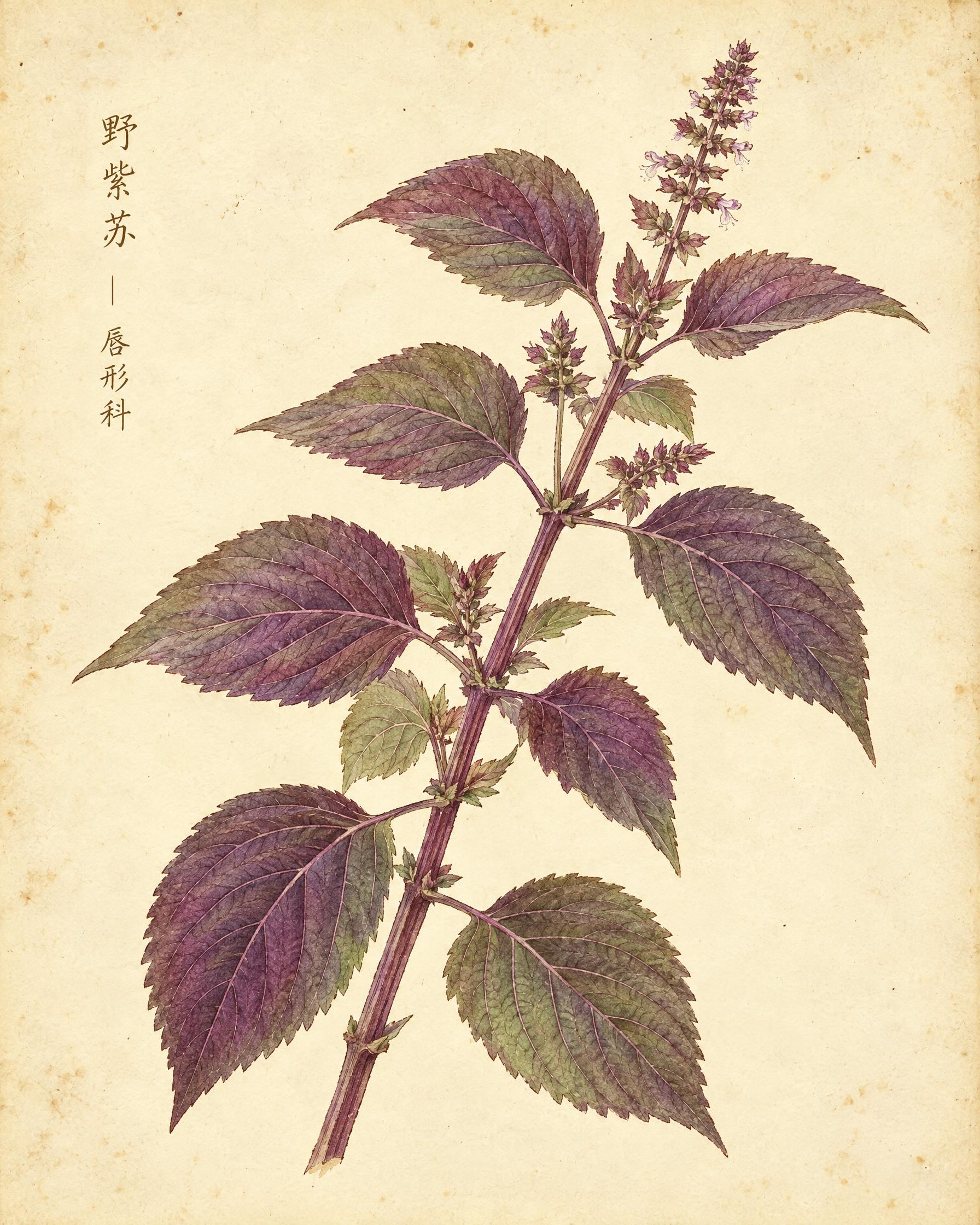 参考图中的复古水彩植物科普插画风格，绘制野紫苏（Perilla… - 图片创意预览
