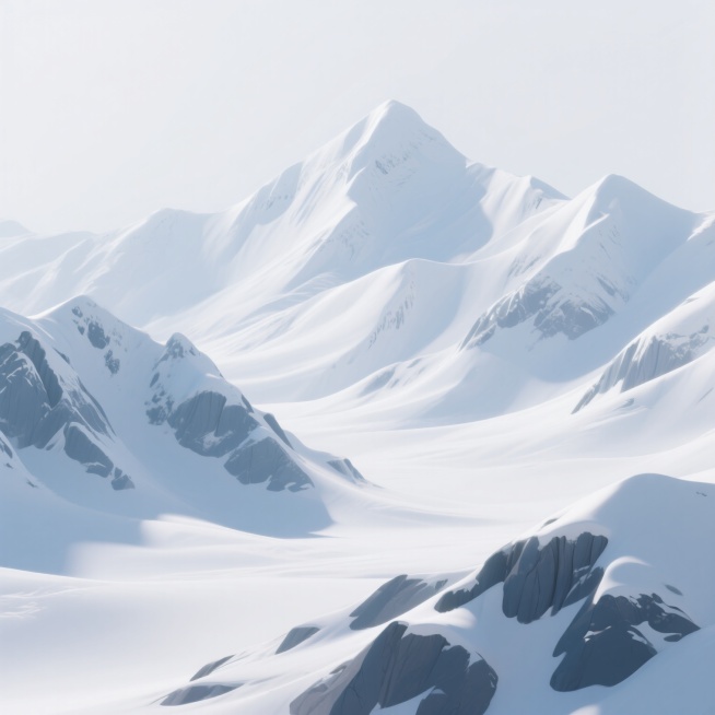 3D风格雪山风景插画，以纯净的白色为背景，画面主体是连绵起伏的雪山群，山峰顶部覆盖着厚厚的积雪，呈现出明亮的白色，山体侧面有深浅不一的蓝灰色阴影，展现出清晰的岩石纹理和雪层堆积的层次感，整体光影柔和，光线从上方照射下来，在雪面上形成细腻的高光和渐变过渡，营造出宁静、圣洁、辽阔的氛围，雪山的轮廓线条流畅而富有力量感，雪的质感光滑且带有自然的起伏褶皱，整体画面简洁大气，具有很强的视觉冲击力和空间纵……预览效果