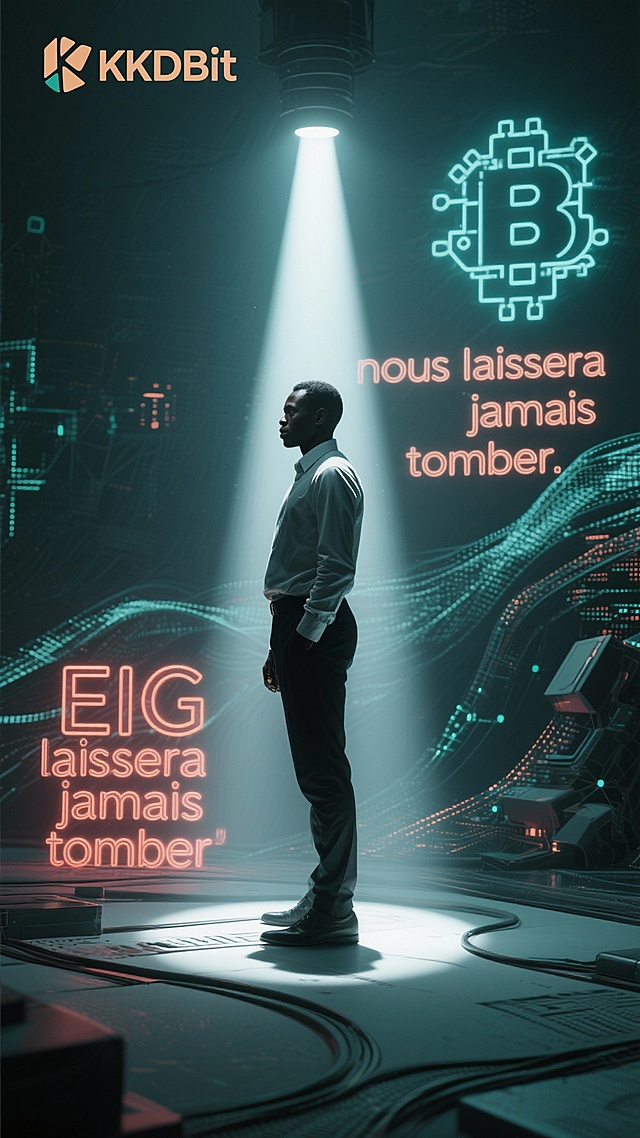 Side-profile of a Congolese professional standing in a digital blockchain world. One spotlight illuminates the upper body and face, creating dramatic shadows. Flowing data streams and abstract blockchain nodes in the background. KKDBit logo in a corner. Slogan floating in neon letters: “EIG nous laissera jamais tomber”. Minimalist futuristic vibe, 9:16 vertical.
