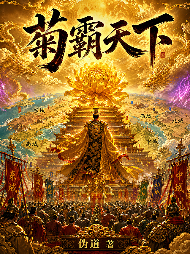 玄幻小说封面，书名《菊霸天下》，作者：伪道。皇朝争霸风格，画面中央是一座宏伟的金色皇宫，宫殿顶端一朵巨大的黄金菊花熠熠生辉，一位身穿龙袍的帝王站在宫殿最高处，俯瞰天下。下方是跪拜的文武百官和万千臣民，远处五域大地的版图在脚下展开，各方势力的旗帜飘扬。天空中祥云瑞气，金龙盘旋，紫气东来。整体色调以明黄色、朱红色、金色为主，帝王霸气风格，画面顶部有威严的书法"菊霸天下"，底部"伪道 著"，皇者之气扑面而来