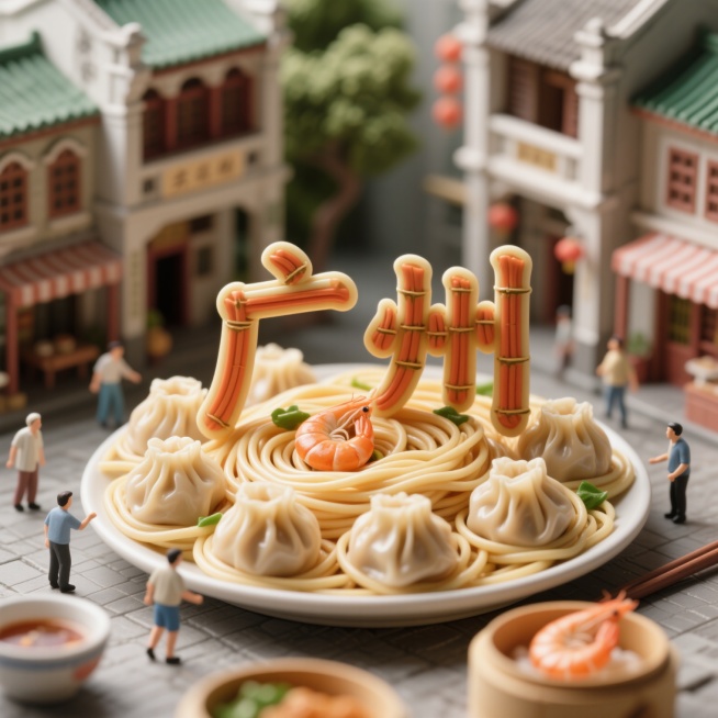 文字”广州“由云吞竹升面的面条缠绕组成，云吞和虾饺，烧麦环绕，背景是广州西关预览效果