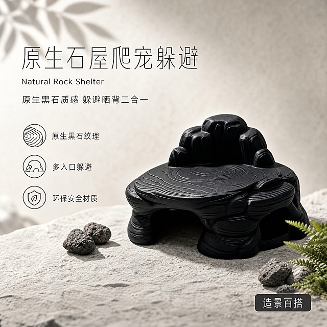 [单张主图] 原生石屋爬宠躲避 高级氛围感主图 目标是让爬宠爱好者一眼被产品黑岩质感和高级设计吸引，快速理解产品造景价值并产生购买欲望。背景不要黑色。
[画面主体] 画面中心偏右放置原生石屋爬宠躲避，主体完整不裁切，占画面约50%。产品为纯黑色哑光仿真岩石纹理材质，整体造型像一座天然岩石山丘，上层为开阔的圆形平台（带年轮纹理），顶部有凸起的岩石造型装饰，下层为拱形躲避洞穴，侧面有多个入口，整体造型圆润精致有设计感。产品外观、颜色、结构、纹理必须与输入图完全一致，不得变形或修改结构。
[构图版式] 采用左文右物场景型版式。左侧大面积留白放置品牌感文字和卖点，产品放右侧放大，底部用浅灰色岩石台面承托，营造高级自然的爬宠造景氛围。
[场景元素] 背景为浅灰米色到暖白色的渐变，带有细腻的颗粒质感，模拟明亮摄影棚的高级氛围，绝对不能是黑色背景。背景左上方有柔和的植物叶片投影，增加自然层次感。产品放置在浅灰色哑光岩石板台面上，台面有自然的岩石纹理和轻微起伏。产品周围点缀2-3块灰色火山岩碎石和一小丛深绿色蕨类植物作为装饰道具，道具自然散落，营造原生态的高级造景氛围，尺寸适中不抢产品主体。背景有轻微景深虚化，突出产品主体。
[文案版式] 左上方放置主标题：原生石屋爬宠躲避，字体为纤细优雅的无衬线字体，字重中等，颜色为深炭灰色。主标题下方放置一行小号英文装饰字：Natural Rock Shelter，颜色为中灰色。再下方放置副文案：原生黑石质感 躲避晒背二合一，字体更小，颜色为中灰色。左下角纵向排列3个简约线性图标卖点，每个图标配一行短文字：1. 原生黑石纹理 2. 多入口躲避 3. 环保安全材质。图标为简约线性风格，颜色与文字统一为深炭灰色。右下角放置一个小型圆角标签：造景百搭，标签底色为深炭灰色，文字为白色。所有文字清晰可读，不遮挡产品主体。
[光影质感] 侧光从左上方斜射而来，形成柔和的明暗过渡，勾勒出黑岩产品的边缘线条，突出岩石纹理的立体感和层次感。产品表面有细腻的哑光高光和深邃阴影，体现黑色岩石材质的磨砂粗糙质感。产品下方有自然柔和的接触阴影，增强立体感和真实感。整体光影高级克制，有明亮静物摄影的质感，避免生硬的闪光灯效果。
[配色字体] 主背景色：浅灰米色/暖白色（绝对不能是黑色）；辅助色：深炭灰、岩石灰、蕨类绿；强调色：白色。字体风格：纤细优雅的无衬线字体，字重克制，靠留白和对齐分层级，整体呈现高级、自然、有设计感的原生石屋视觉调性。
[比例分辨率] 1:1正方形，2048px*2048px，2k高清，文字清晰可辨。
[负向提示词] 产品变形、结构错误、颜色偏差、黑色背景、水印、错字、糊字、伪Logo、主体遮挡、背景杂乱、低清晰度、廉价感、过度锐化、强描边、人物、爬宠动物、恐怖元素、血腥、暴力