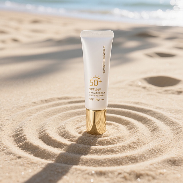 现代3D轻拟物风设计，金属质感瓶身，沙滩背景突显清爽夏日防晒创意。