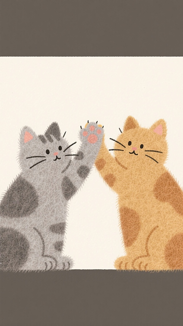 插画风拟人猫咪击掌，毛发生长质感细腻，萌趣互动传递温馨可爱感。