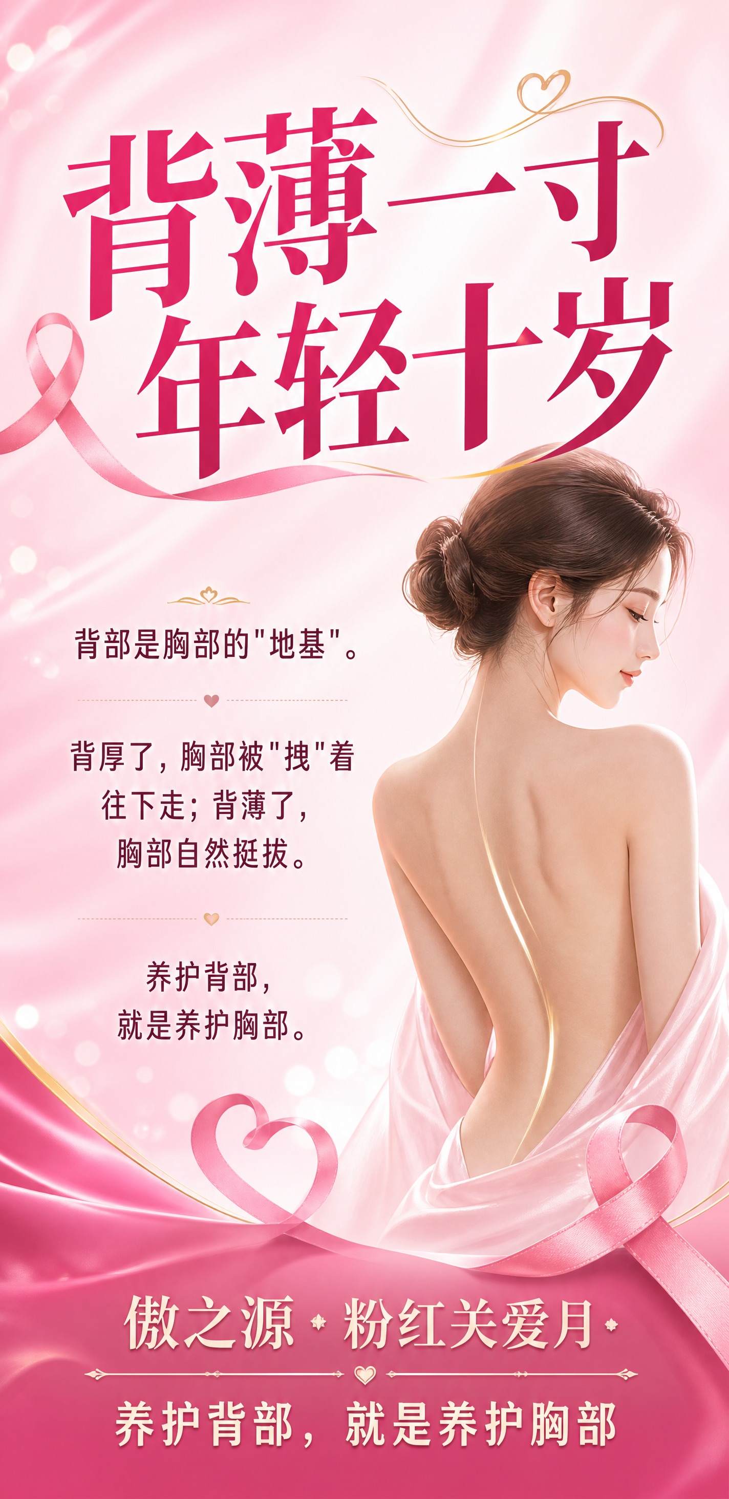 粉红丝带月美业活动海报，竖版长图，粉色系轻奢温柔风格。画面上方… - 图片创意预览