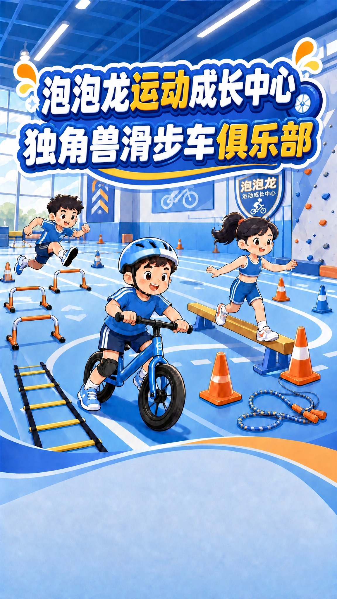 调整顶部两行标题的字体大小：第一行“泡泡龙运动成长中心”比第二… - 图片创意预览