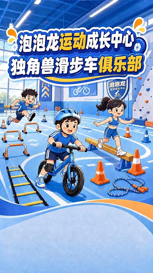 调整顶部两行标题的字体大小：第一行“泡泡龙运动成长中心”比第二行“独角兽滑步车俱乐部”稍微大半号字号，差距不要太大，保持两行整体协调，原有蓝黄配色卡通字体风格和气泡装饰不变，整体画面其他内容不变