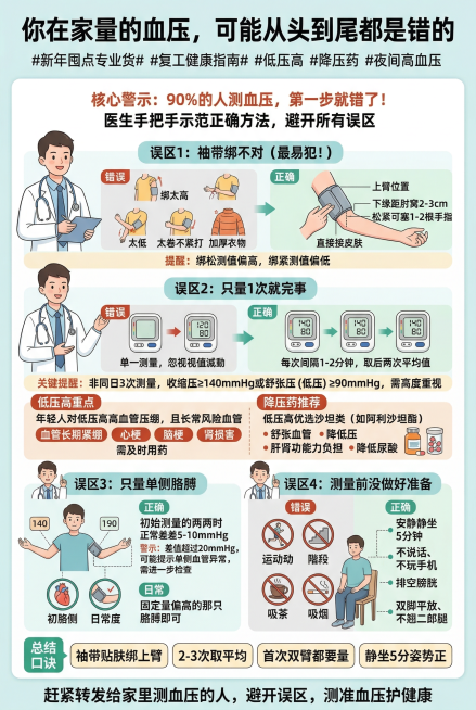 信息图海报，手把手教你测血压，标题：你在家量的血压，可能从头到尾都是错的，#新年囤点专业货# #复工健康指南# #低压高 #降压药 #夜间高血压，核心警示：90%的人测血压，第一步就错了！医生手把手示预览效果