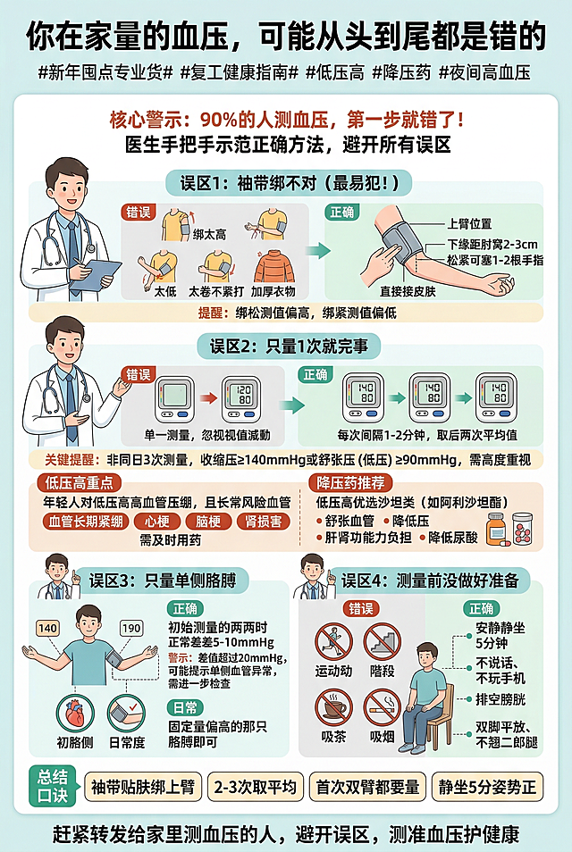 信息图海报，手把手教你测血压，标题：你在家量的血压，可能从头到尾都是错的，#新年囤点专业货# #复工健康指南# #低压高 #降压药 #夜间高血压，核心警示：90%的人测血压，第一步就错了！医生手把手示范正确方法，避开所有误区，误区1：袖带绑不对（最易犯！），错误：绑太高（快到肩膀）、太低（盖住肘窝）、过松/过紧、绑在厚衣物外，正确：上臂位置，下缘距肘窝2-3cm，松紧可塞1-2根手指，直接贴皮肤绑，提醒：绑松测值偏高，绑紧测值偏低，误区2：只量1次就完事，错误：单次测量，忽略血压波动，正确：连续量2-3次，每次间隔1-2分钟，取后两次平均值，关键提醒：非同日3次测量，收缩压≥140mmHg或舒张压（低压）≥90mmHg，需高度重视，低压高重点：年轻人低压长期＞90mmHg，血管长期紧绷，易引发心梗、脑梗、肾损害，需及时用药，降压药推荐：低压高优选沙坦类（如阿利沙坦酯），舒张血管、降低压，对肝肾功能负担小，还能辅助降尿酸，误区3：只量单侧胳膊，正确：首次需量两只胳膊，差值5-10mmHg为正常，警示：差值超过20mmHg，可能提示单侧血管异常，需进一步检查，日常：固定量偏高的那只胳膊即可，误区4：测量前没做好准备，错误：刚运动、爬楼、喝浓茶/咖啡、吸烟后立即测量，正确：安静静坐5分钟，不说话、不玩手机，排空膀胱，双脚平放、不翘二郎腿，总结口诀（好记好传）：袖带贴肤绑上臂，2-3次取平均，首次双臂都要量，静坐5分姿势正，结尾引导：赶紧转发给家里测血压的人，避开误区，测准血压护健康，医疗科普风格，清晰排版，干净舒适的色调