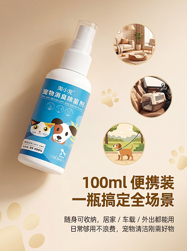 [主图5]场景性价比提升下单欲宠物除臭喷雾主图；[氛围风格]轻奢温馨养宠氛围，暖调柔光；[画质]商业摄影质感，8K超高清，产品清晰真实画面干净高级；[元素]保持输入的宠物消臭除菌喷雾产品外观物理结构、材质质感、颜色与原图绝对一致，杜绝任何变形和色差，商品主体占比65%左右，背景为浅米色渐变，点缀浅金色爪印装饰，画面中加入居家、车载、外出三个迷你场景小画中画作为示意，画面满屏无边框；[光影]暖调柔光均匀包裹产品，主光从侧前方打亮瓶身，辅光柔化阴影，点缀光勾勒产品轮廓，光比舒适无过曝；[配色]主色调浅米色渐变，辅助色浅金色爪印，产品瓶身蓝白配色自然融入画面；[视角构图]四分之三平视视角，景深适中，产品放置在画面左上区域，右下区域预留充足负空间放置文案，前中后景分层清晰；[文字版式]右下负空间左对齐排版，大字主文案为"100ml 便携装 一瓶搞定全场景"，粗体无衬线大字号，下方小字副标题"随身可收纳，居家 / 车载 / 外出都能用"，字号为主文案的50%，底部补充小标"日常够用不浪费，宠物清洁刚需好物"，所有文字颜色为深棕金色，与浅米色背景形成高反差，文字不遮挡产品主体；[比例分辨率]3:4比例，2K分辨率，文字清晰锐利；[负向提示词]变形，水印，文字错乱，产品图模糊，背景杂乱，色差严重