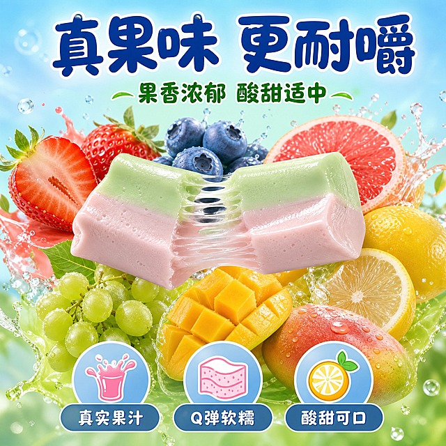 [主图-5] 口感与原料卖点图，核心任务是展示双味棒的真实果味原料和Q弹耐嚼的口感特点，建立品质信任感。
[统一基调] 整体风格为果味糖果酸甜活力风，背景主色为清新的渐变浅蓝到果绿，标题字色为深蓝色加粗，辅助字色为深绿色，强调色为橙红色，字体样式为圆润可爱的卡通粗体字，字号层级分明，卡片用半透明圆角水果边框样式，整体充满果香活力与品质感。
[画面] 画面中央是一颗放大的双味软糖特写，软糖呈现绿粉双色分层，表面晶莹Q弹，有被轻轻拉扯开的拉丝效果，展示软糯耐嚼的质地。软糖周围环绕着各种真实的新鲜水果原料，包括切开的草莓、蓝莓、西柚、柠檬、青提、芒果等，水果饱满多汁，果肉纹理清晰，有果汁飞溅的动态效果，水果和软糖之间用淡淡的光晕连接，暗示果味来源。背景是清新的淡蓝色渐变，有水珠和气泡点缀。整体产品占画面约55%。
[光影质感] 自然清新的柔光效果，水果表面有新鲜的光泽和水珠，软糖有通透的Q弹质感，拉丝效果细腻真实，整体画面干净明亮，充满新鲜天然的感觉。
[配色] 主背景浅蓝到果绿渐变，水果色彩鲜艳真实，软糖保持马卡龙双色，标题深蓝色，辅助文字深绿色，强调元素橙红色，整体色调清新自然有活力。
[文字版式] 画面顶部中央大标题：真果味 更耐嚼，深蓝色圆润卡通粗体，字号最大。标题下方辅助文案：果香浓郁 酸甜适中，深绿色字体，字号约为主标题的45%。画面下方用三个圆形图标横向排列展示三个卖点，从左到右：真实果汁、Q弹软糯、酸甜可口，每个图标内有对应小图案，下方配文字，均为白色字带半透明深蓝色底。文字均放在上下负空间，不遮挡产品主体。
[输出要求] 1:1正方形比例，2K高清，水果新鲜真实，软糖质感Q弹，卖点清晰。禁止变形、错字、模糊、杂乱、水印、任何平台Logo、极限词。