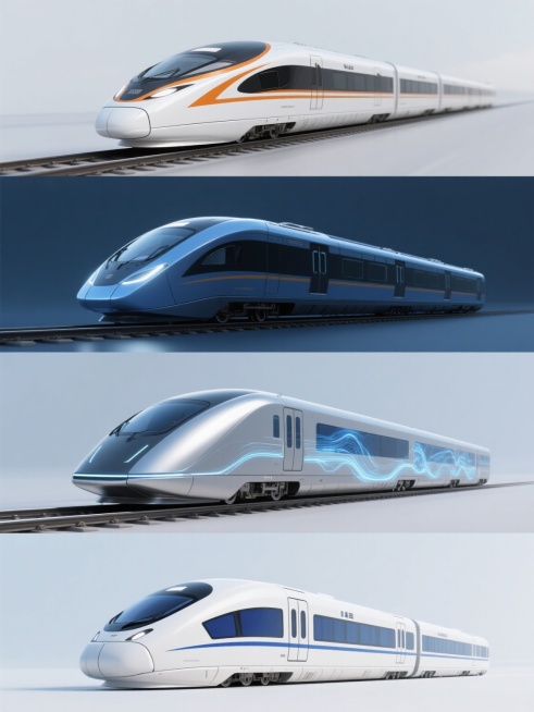 系列化3D写实风格交通工具海报集合，采用规整网格排布，每个元素保持统一的高细节建模、光滑金属质感与柔和高光处理，光源来自左前方形成自然阴影。第一张：银白色高速列车配橙色流线，行驶于铁轨；第二张：深海蓝流线型地铁列车，车头带LED灯带；第三张：银灰色磁悬浮列车，车身有蓝色能量纹路；第四张：钛白城际高铁，车窗呈渐变深蓝色。每张均采用纯色背景（分别为浅灰、深海蓝、科技银、冰川白），无文字信息，整体呈……预览效果
