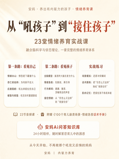 重新生成这张海报，保持原有文案、排版、颜色和风格：尺寸1242×1660，背景暖杏色#FDF8F0。顶部品牌区“安妈 · 养出有内驱力的孩子 · 情绪养育课”，“情绪养育课”砖红色。主标题“从‘吼孩子预览效果