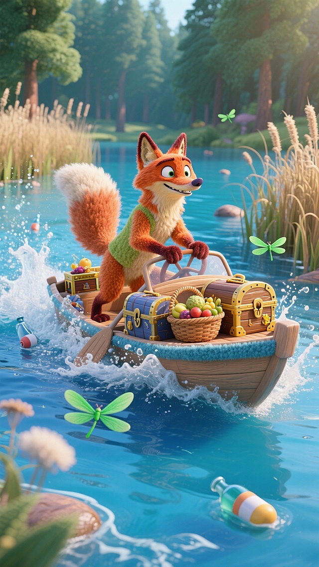 一只狐狸潇洒地开着敞篷船破浪，强动态感；船上载满宝藏箱和水果篮，背景是湛蓝湖泊、森林。两旁是芦苇丛，点缀跃起的水花、漂流瓶，翠绿色蜻蜓。