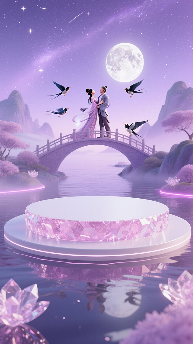 梦幻插画风，古典浪漫桥上情侣相拥，虚拟现实与超现实主义结合，星月辉映，紫气缭绕。