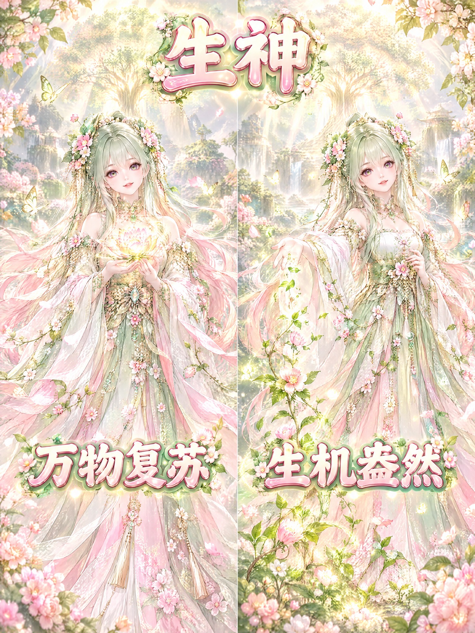 参考图的画风和左右分屏构图，角色替换为生神万物之母。顶部大标题… - 图片创意预览
