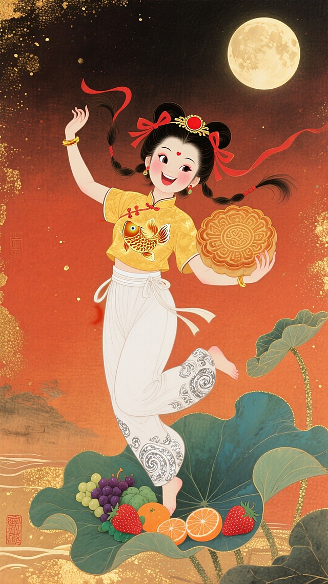 国潮风插画，卡通少女手持月饼跃于荷叶之上，融合中式元素与轻拟物设计，鎏金背景衬托喜庆氛围，水墨质感点缀，尽显中秋佳节的欢愉与雅致。