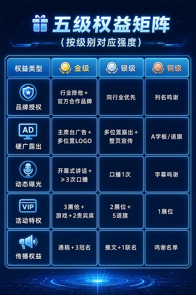 [第9屏] 五级权益矩阵总览页重新生成。
[氛围/风格] 延续整套浅蓝色发光轻科幻科创风，深蓝背景，浅蓝光效，和前后页面完全统一风格。
[元素布局] 顶部浅蓝色发光标题，下方使用卡片式矩阵表格，纵向分为五个权益大类，横向对应金/银/铜三个级别，每个单元格使用浅蓝色发光边框，排版整齐，行列间距均匀，保证每个单元格文字完整不拥挤。
[光影质感] 标题外发光，表格边框浅蓝色发光，表头高亮，单元格内文字亮度均匀，清晰可读，光影层次和前面页面一致。
[配色色系] 全局底色 #0B132B；主色浅蓝色发光 #7DD3FC；金/银/铜分别使用对应颜色标注级别，表头浅蓝色背景，文字白色，和整套配色统一。
[文字版式] 顶部发光标题「🎁 五级权益矩阵（按级别对应强度）」，表格内容：
① 品牌授权：金级-行业排他+官方合作品牌；银级-同行业优先；铜级-列名鸣谢
② 硬广露出：金级-主席台广告+多位置LOGO；银级-多位置露出+整页宣传；铜级-A字板/道旗
③ 动态曝光：金级-开幕式讲话+≥3次口播；银级-口播1次；铜级-字幕鸣谢
④ 活动特权：金级-3展位+游戏+2贵宾席；银级-2展位+5道旗；铜级-1展位
⑤ 传播权益：金级-通稿+3冠名；银级-推文+1联名；铜级-鸣谢名单，含金银铜通用权益
表格排版整齐，每个单元格文字大小适中，不挤不乱，移动端清晰可读。
[比例分辨率] 宽度1080px，高度1620px，2:3 竖版比例，4K分辨率，文字清晰可辨，高清画质。
[负向提示词] 表格错乱，文字错乱，文字过小，单元格拥挤，变形，水印，颜色偏差，风格不统一。