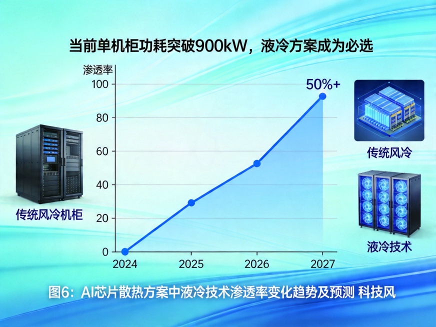 液冷技术渗透率预测折线图，冷色调蓝青科技风格，带流体感线条，横轴时间从2024到2027，纵轴标注渗透率百分比，标注说明文字"当前单机柜功耗突破900kW，液冷方案成为必选"，预测2027年渗透率超过预览效果