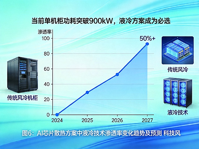 液冷技术渗透率预测折线图，冷色调蓝青科技风格，带流体感线条，横轴时间从2024到2027，纵轴标注渗透率百分比，标注说明文字"当前单机柜功耗突破900kW，液冷方案成为必选"，预测2027年渗透率超过50%。附带小型示意图对比传统风冷和液冷机柜。底部添加图注文字："图6：AI芯片散热方案中液冷技术渗透率变化趋势及预测 科技风"