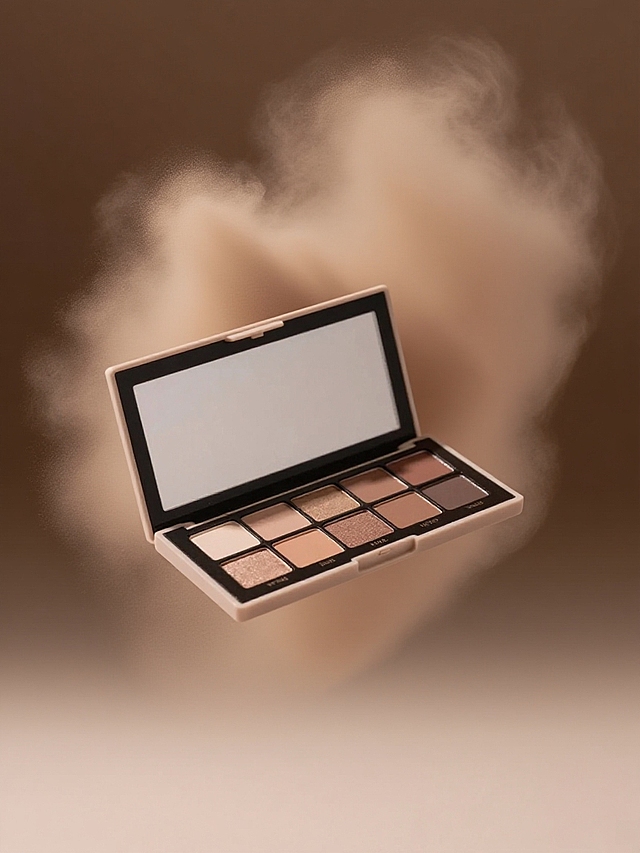 商业静物摄影。主体悬浮空中，后方飘扬大面积的咖色粉雾，粉质轻盈，咖色渐变背景，柔和的光影。