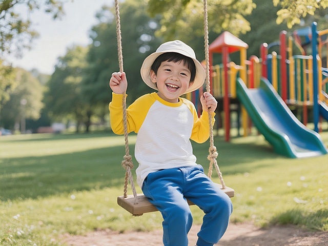 happy boy, white hat, blue short, in the park