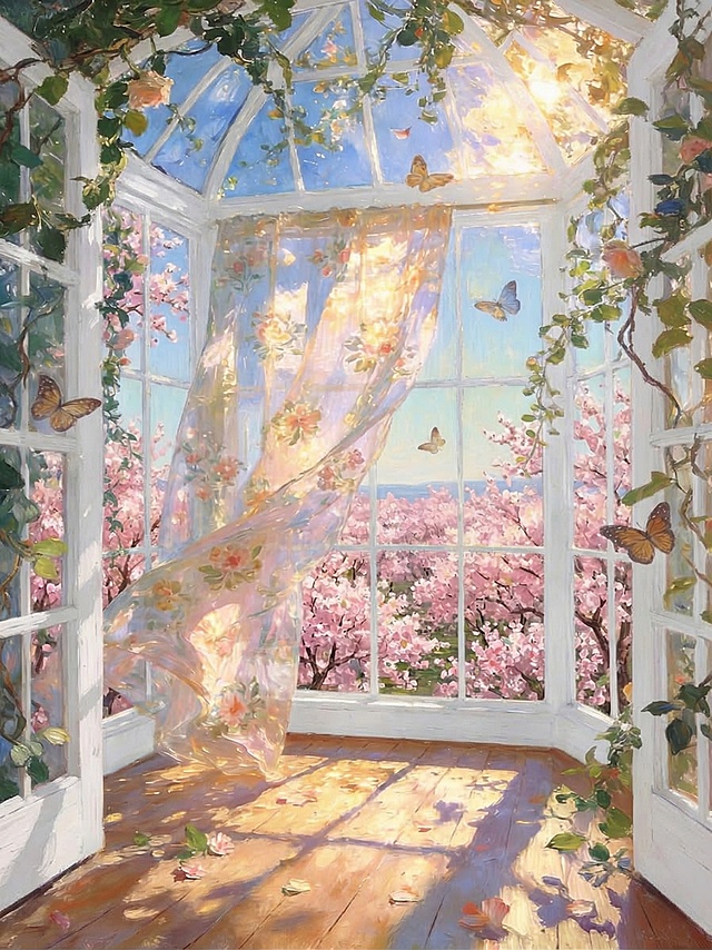 把所有的门框和窗框都换成纯白色，保留油画质感、樱花风景、窗帘、蝴蝶、阳光、地板等其他所有元素不变
