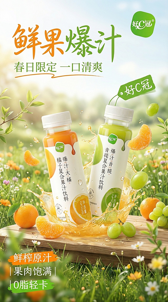 [垫图] https://gdesign-dam-hz.dancf.com/35953970798515310/46044b34152c4e6a9a9e8dd7215c7307.png
[主图主题] 好C冠爆汁果汁饮料首图
[氛围/风格] 春季采青清新风格，自然春日氛围感，原生感十足
[画面元素] 两瓶果汁饮料（橘子爆汁大橘和青提爆汁青提）居中放置，背景是春日户外清新青草地，点缀嫩绿的枝叶和散落的新鲜橘子与青提，捕捉果汁飞溅的动态瞬间，自然阳光漫射，光影通透，背景全屏铺满无边框
[配色色系] 主色调：清新嫩绿+阳光暖橙；辅助色：自然原木色，整体清新明快符合春日调性
[视角构图] 平视视角，主体占比约60%，景深适中，构图平衡
[文字版式] 左上角主标题 “鲜果爆汁”，副标题 “春日限定 一口清爽”，右上角绿色手写体标签 “好C冠”，底部左侧三行卖点 “鲜榨原汁 | 果肉饱满 | 0脂轻卡”，字体采用清新手写体，字色吸取产品对应颜色，文字悬浮于背景留白处，不遮挡产品主体，自然舒适
[比例分辨率] 2k 分辨率