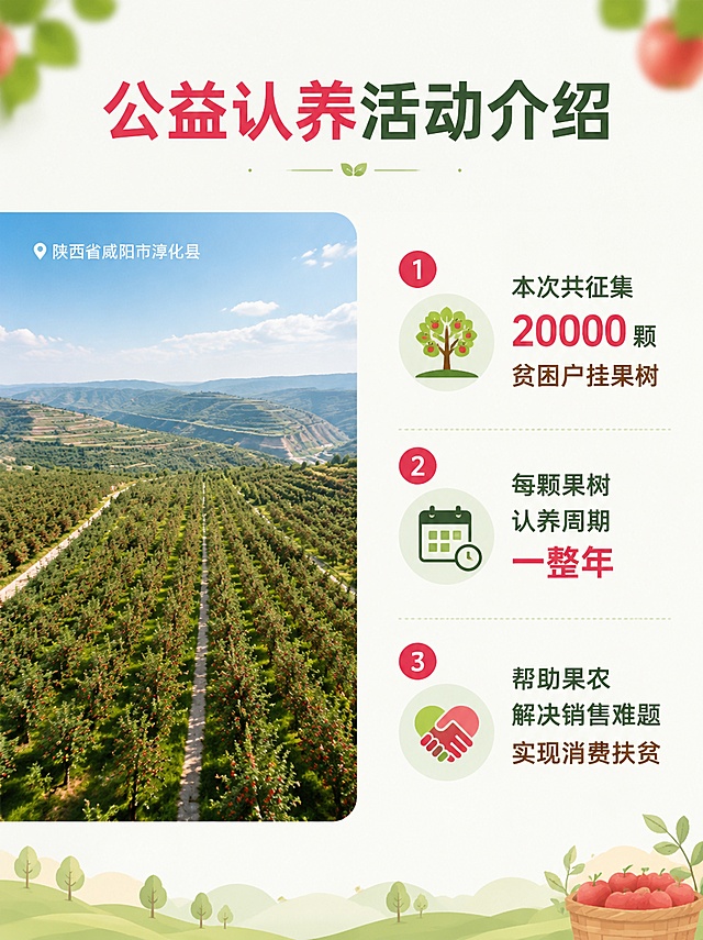 [第2屏] 活动介绍，陕西淳化县贫困户苹果树认养征集说明。
[氛围/风格] 干净简约信息版，自然清新风格，公益助农暖调氛围。
[元素布局] 顶部标题区，中部图文结合，左侧放一片高原苹果园航拍图，展示千亩果园景象，右侧文字说明区，底部浅色装饰边。整体分区清晰，文字不压风景。
[光影质感] 均匀柔和自然光，色彩明亮通透，文字区域背景干净，信息清晰。
[配色色系] 全局底色#F8FAF5，主色苹果红+自然绿，文字用深绿色和棕色，统一自然配色。
[视角构图] 左图右文版式，左图占比50%，右侧文字区占比50%，左右平衡，层次分明。
[文字版式] 顶部居中主标题 "公益认养活动介绍"，OPPO Sans字体；左侧图上小字标注 "陕西省咸阳市淳化县"；右侧分点说明：
1 本次共征集 20000颗 贫困户挂果树
2 每颗果树认养周期 一整年
3 帮助果农解决销售难题，实现消费扶贫
文字分点清晰，全部使用OPPO Sans免费商用字体，大小适中，手机端清晰可读。
[比例分辨率] 宽度790px，宽高比3:4竖版，分辨率4K，高清画质。
[负向提示词] 文字错乱，字体不对，图文重叠，颜色失真，水印，文字模糊。