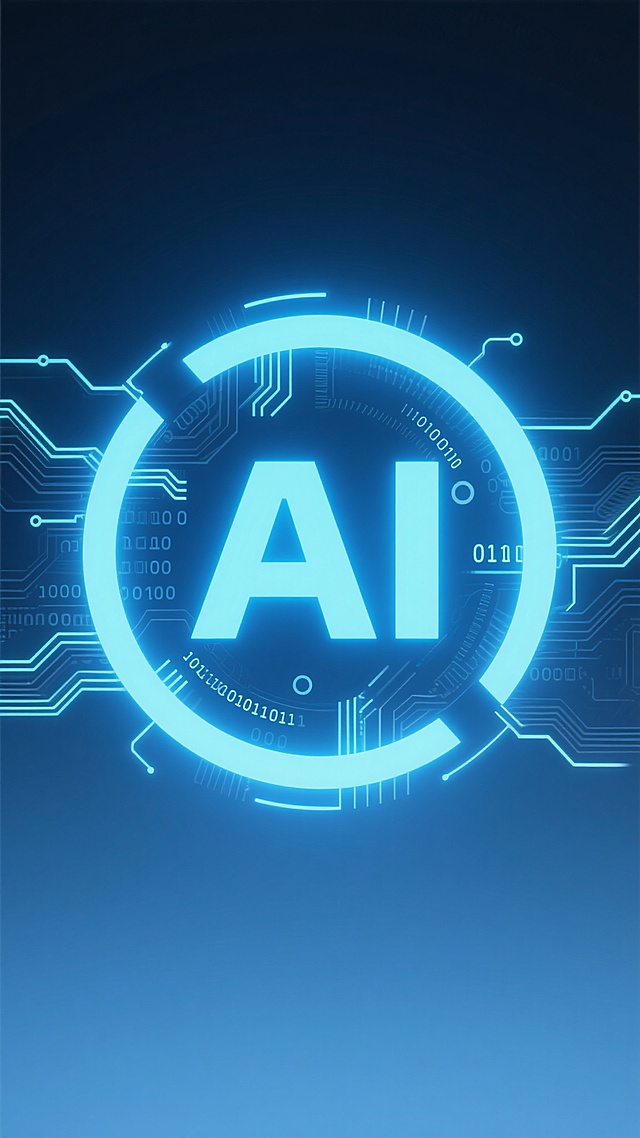 深蓝色渐变背景，中央有一个发光的蓝色圆形光环，光环内是发光的“AI”字样，周围环绕着电路板纹理和二进制数字流，整体呈现科技感和未来感，光线柔和，有光晕效果，画面简洁而富有视觉冲击力。
