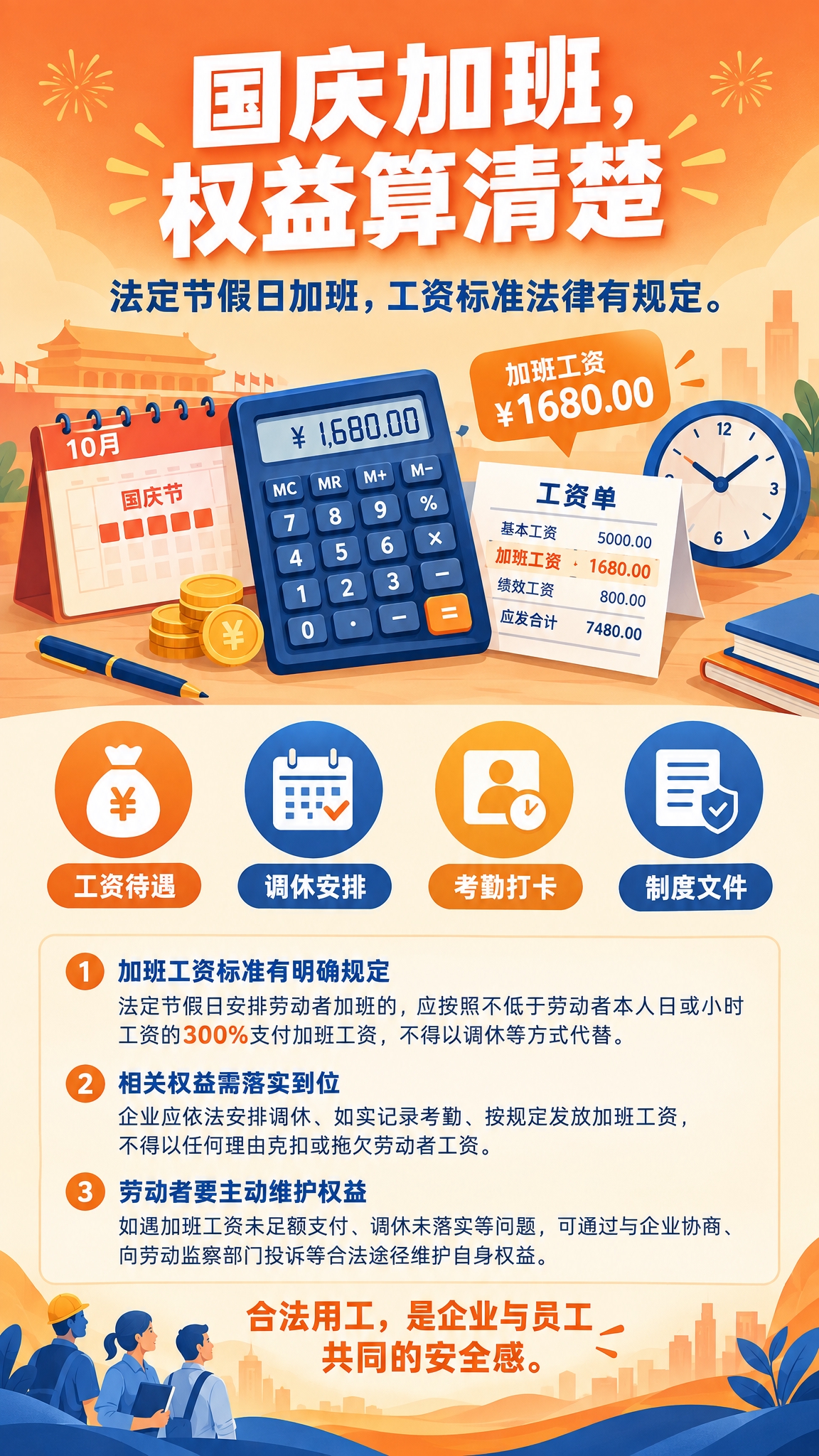 一张9:16竖版劳动者权益主题海报，扁平插画风格，暖橙色与深蓝… - 图片创意预览