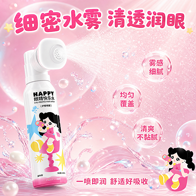[主图-3] 喷雾质地展示 细密水雾效果特写，突出产品细腻的喷雾质感，珍珠水波环绕。
[统一基调] 风格=精致3D渲染＋卡通插画风结合，商业电商主图质感，高级可爱梦幻通透，少女专属珍珠水晶世界感；主色=粉色、奶油黄色；强调色=天空蓝（仅用于水泡、水光、小面积光效和水滴元素）；标题字=圆润可爱粗体卡通字，粉色渐变填充带白色描边；正文字=简洁圆润无衬线体；标题色=深粉色带白边；正文色=暖粉色；组件=半透明水滴形信息卡、珍珠光泽边框、星星装饰、波浪元素；光影=柔和侧光+丁达尔光束，高透光材质，珍珠表面有细腻柔和的高光和虹彩光泽，整体明亮干净轻盈有空气感，闪耀星光点缀；背景=粉色梦幻渐变，柔和光晕和闪耀星光，简洁不复杂。
[画面] 使用参考图中的HAPPY眼睛快乐水护眼喷雾瓶；产品位于画面左侧偏中央，喷雾头朝向右上方，正在喷出大面积细密的水雾，产品占画面约35%。右侧是大面积清透细密的喷雾水雾效果，水雾中有无数小水珠和珍珠光泽粒子，水雾占画面约40%，展示喷雾细腻均匀的质地。水雾周围漂浮小珍珠、水泡、水滴元素，形成梦幻旋涡。背景有一颗半透明的巨大珍珠作为远景衬托。融入黄色星星、粉色波浪、卡通少女小元素。顶部留出标题空间。
[光影质感] 精致3D渲染质感，柔和侧光，喷雾水珠有通透玻璃质感和珍珠光泽，光线穿过水雾形成丁达尔效应般的柔和光束，整体清透水润晶莹，有丰富层次和空间感。产品底部有自然接触阴影。喷雾头细节清晰，突出细腻的喷雾孔。
[配色] 主色粉色、奶油黄色，背景为粉色柔和渐变，天空蓝仅用于水雾、水泡和水光点缀，撞色搭配但不成为主色。
[文字版式] 右上角放主标题"细密水雾 清透润眼"（8字，最大号粗体卡通字，粉色渐变白边）。右侧水雾区旁放3个质地卖点水泡："雾感细腻"、"均匀覆盖"、"清爽不黏腻"。底部放副标题"一喷即润 舒适好吸收"。文字均为横向排版，放在负空间，不遮挡产品主体。
[输出要求] 1:1正方形，2K分辨率，极致高清细节，文字清晰可读，产品清晰不变形。背景不要复杂，突出喷雾质感。避免错字、模糊、杂乱、水印、平台Logo、极限词、医疗功效承诺、冷蓝/蓝灰主背景、产品包装文字错乱、人物面部扭曲。