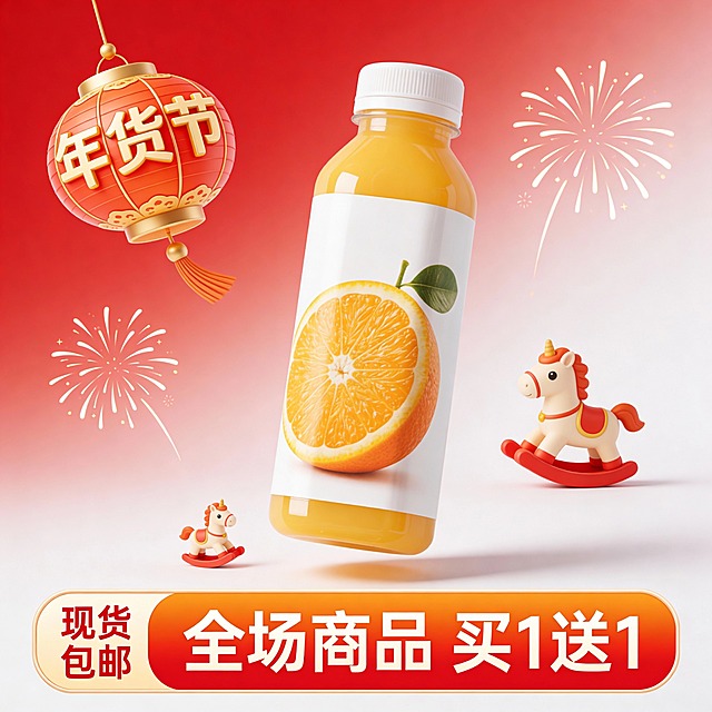 电商主图海报，左上角3d灯笼上印着“年货节”，底部装饰红橙渐变优惠券样式文字框（左侧红字“现货包邮”，右侧红字“全场商品 买1送1”），主体悬浮在画面中心（占画面比20%，轻微仰拍正面视角，周围烟花卡通小马元素装饰），整体色调红白渐变。