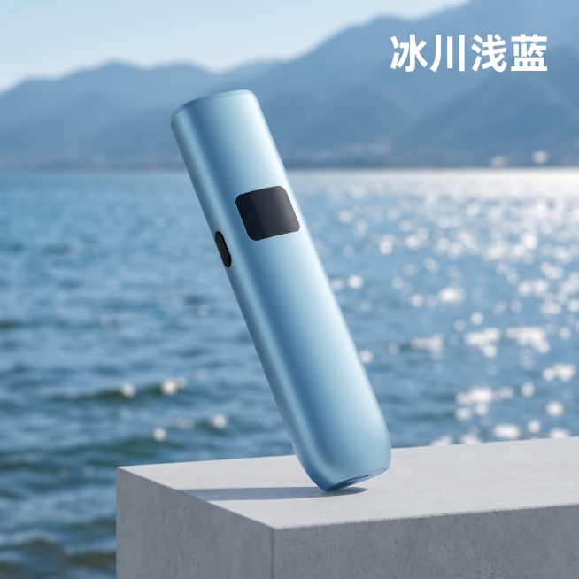 [主图 7] 冰川浅蓝色单款电子烟主图。[氛围风格] 清新自然氛围感，大理双廊洱海海岸背景；[画质] 商业摄影质感、光线柔和通透、产品清晰真实、画面干净高级。[元素] 冰川浅蓝色磨砂电子烟居中斜放约2预览效果