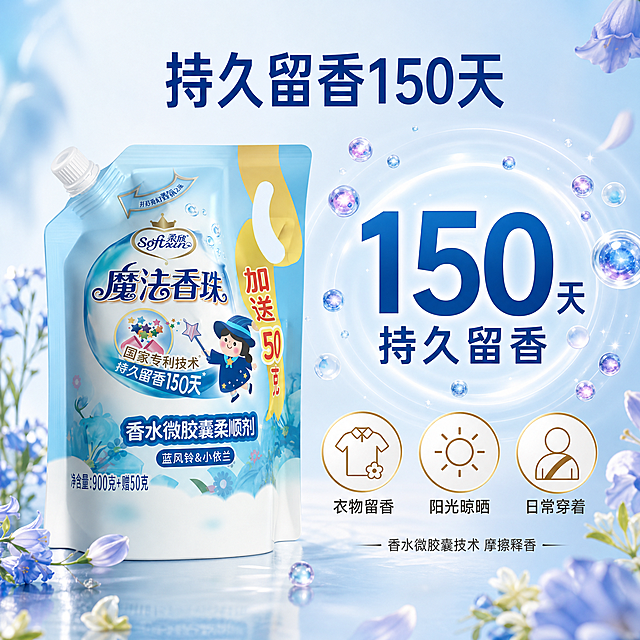 [主图-2] 介绍图-持久留香核心卖点，核心任务是证明150天持久留香与香水微胶囊技术，通感表达留香效果。
[统一基调] 京东风格，简洁稳重，高端洁净，文字占比小于30%，一图一重点。整体配色以清透浅蓝、洁净白为主，点缀柔金与淡紫蓝花系色；字体为现代无衬线粗体，标题字色深蓝，辅助字色深灰，强调色柔金；卡片与边框采用细边圆角轻奢风。
[画面] 产品主体位于画面左侧，占比约45%，正面略侧角度，保持原包装外观完整。右侧为核心卖点可视化区域：上方大号数字"150天"非常醒目，下方配文字"持久留香"。数字周围环绕缓缓扩散的香氛波纹与微胶囊粒子，粒子是透明带彩光的小圆球，象征香水微胶囊缓慢释放。中间偏下位置有三个圆形图标横向排列，分别代表：衣物留香、阳光晾晒、日常穿着，每个图标下方配短词说明。底部有一行说明"香水微胶囊技术 摩擦释香"。背景为洁净浅蓝渐变，点缀蓝风铃与小依兰花瓣轻轻飘落，营造清新高级的香氛氛围。
[光影质感] 商业摄影质感，产品光影自然，右侧通感元素有发光柔边效果，整体通透有层次，不浮夸。
[配色] 主背景浅蓝渐变洁净白，数字与标题深蓝，微胶囊粒子透明带蓝紫光晕，图标柔金色描边，花瓣淡紫淡绿。
[文字版式] 顶部主标题"持久留香150天"字号最大居中偏右；数字"150天"用超大号加粗；三个图标下方短词说明用小号字；底部技术说明用最小号深灰字。所有文字横排，清晰可读，不遮挡产品。
[输出要求] 1:1正方形，2048px，文字清晰，产品清晰，高端信息图质感。禁止出现：第二件半价、一瓶即净、一瓶搞定、最、第一、顶级、100%等违规词，禁止京东Logo、水印、平台角标，禁止产品变形、错字、模糊、杂乱。