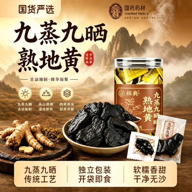 将图中所有的“黄精”文字替换修改为“熟地黄”，其余画面、排版、风格保持完全不变预览效果