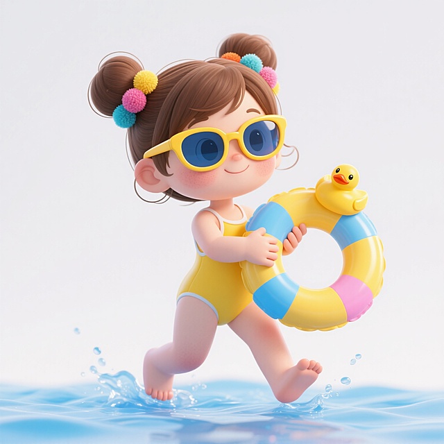3D风格卡通小女孩，白色背景，棕色头发扎成双丸子头并装饰彩色毛球，戴着黄色镜框蓝色镜片的太阳镜，身穿黄色连体泳衣，双手握着一个黄色为主、带有粉色和蓝色部分的充气游泳圈，游泳圈上有小黄鸭装饰，小女孩双腿微微弯曲，身体略微侧转，一只脚轻轻踩在蓝色水花上，展现出活泼戏水的动态，整体色彩明快鲜亮，光影柔和，具有可爱的Q版人物特征和光滑的3D材质质感。