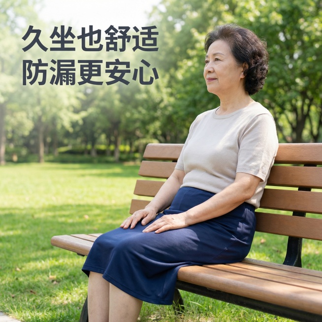 [主图 2] 老年人隔尿护理裙公园休憩展示图
氛围风格：自然真实户外风格，休闲舒适生活化
画面元素：同一位亚洲老年女性模特，身着深蓝色这件隔尿裙，安静坐在公园长椅上休息，裙子版型和外观和原图保持100预览效果