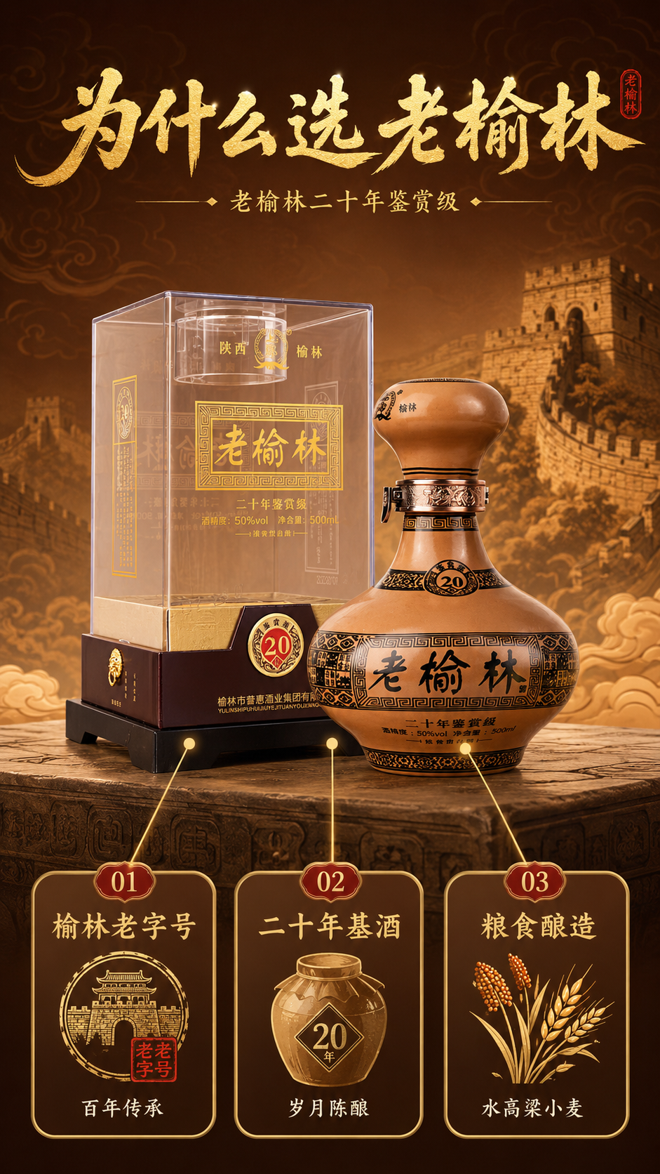 淘宝/天猫白酒详情页第7张，卖点拆解图，老榆林二十年鉴赏级，9… - 图片创意预览