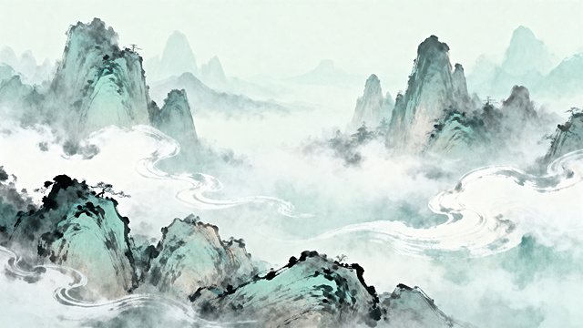 轮回修仙Roguelike类游戏主界面背景图，古风玄幻风格，水墨云雾仙山，飘渺仙气的修仙世界，整体色调偏淡雅，和现有UI按钮古风手绘风格统一，适合作为游戏主背景