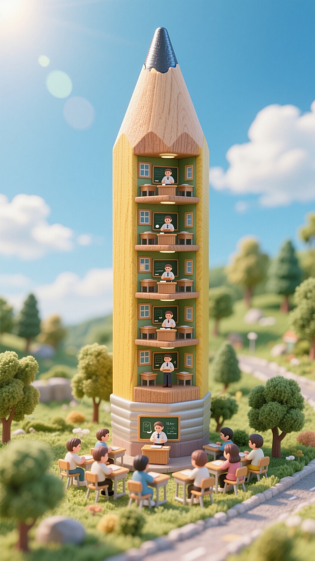 一根巨大的铅笔大楼内部有很多教室，每间教室内都有一名教师和一群听课的学生。外面是蓝天白云和大自然环境。