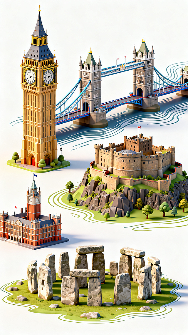 英国地标合集 矢量手绘，c4d渲染