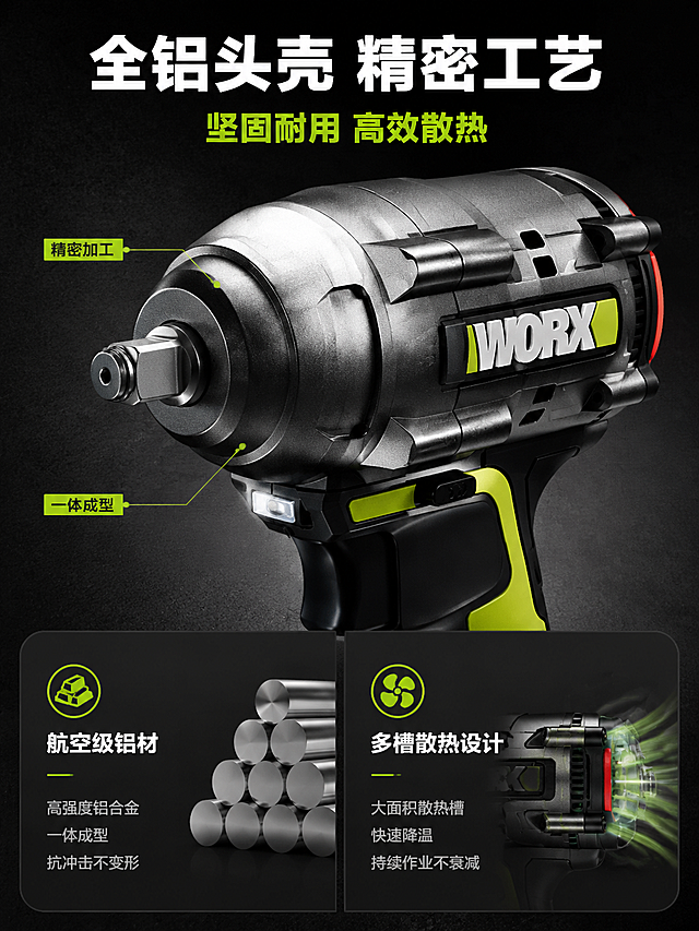 [商品] 使用【图1】锂电无刷电动扳手威克士WU279.9；保留黑绿配色、WORX Logo、全铝头壳、夹头、整体结构比例不变；商业精修，头壳金属质感做重点增强。
[画面] 第4张全铝头壳与材质工艺。金属结构型，产品头壳部位大特写占据画面上半部分约55%，45度角度展示全铝金属头壳的细腻纹理、散热槽、精密加工边缘。下半部分左右分两栏：左侧讲材质工艺，右侧讲散热设计。各配小图标和文字说明。
[视觉] 套系策略：风格=高级工业风微距商业摄影；标题字=粗黑无衬线体；正文字=简洁无衬线体；主色=深黑/深灰；背景延展=基于深黑灰做渐变和细腻金属颗粒质感；强调色=荧光绿(#9acd32)，用于标签、图标和重点词；标题色=纯白；正文色=浅灰(#cccccc)；组件=短标签线、圆角深灰卡片；光影=侧光突出金属纹理和立体感，头壳高光清晰。
[文字] 顶部主标题："全铝头壳 精密工艺" 白色粗体；副标题："坚固耐用 高效散热" 荧光绿；下半部分左栏标题"航空级铝材"，说明文字："高强度铝合金 一体成型 抗冲击不变形"；右栏标题"多槽散热设计"，说明文字："大面积散热槽 快速降温 持续作业不衰减"。头壳特写处有2个短标签："精密加工""一体成型"。
[规格] 图片比例3:4竖版，4K，避免变形、错字、文字过小、冷蓝背景、金属质感失真。