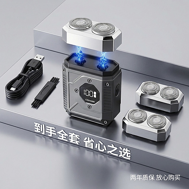机甲风双头电动剃须刀主图5，全家福展示风格，浅灰色高级静物台背景，剃须刀主机居中放置，周围有序摆放充电线、清洁刷、替换刀头配件，底部悬浮白色无衬线粗体文案“到手全套 省心之选”，右下角小字标注“两年质保 放心购买”，文字不遮挡产品和配件，整体风格统一整洁，背景铺满全屏