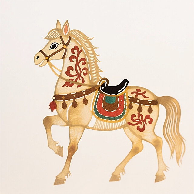 剪纸风与皮影风融合的中式插画，马身饰以民族纹样，复古色调，呈现传统节日喜庆氛围。