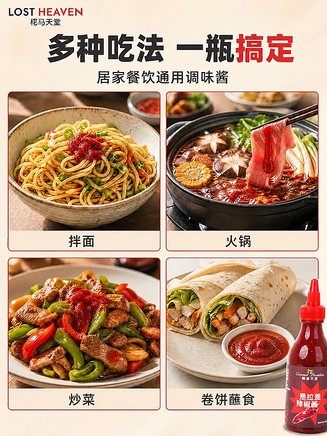 将图右下角的辣椒酱瓶主体替换为参考图中的椰香天堂是拉差辣椒酱瓶，保持瓶身形状、瓶内液体颜色、标签字样、标签字体、标签logo完全不变，标签文字无乱码。将图中所有“花马天堂”文字替换为“椰香天堂”。保持画面背景、四个菜品图、文字排版、其他元素、光影、风格完全不变，仅修改瓶身主体和指定文字。