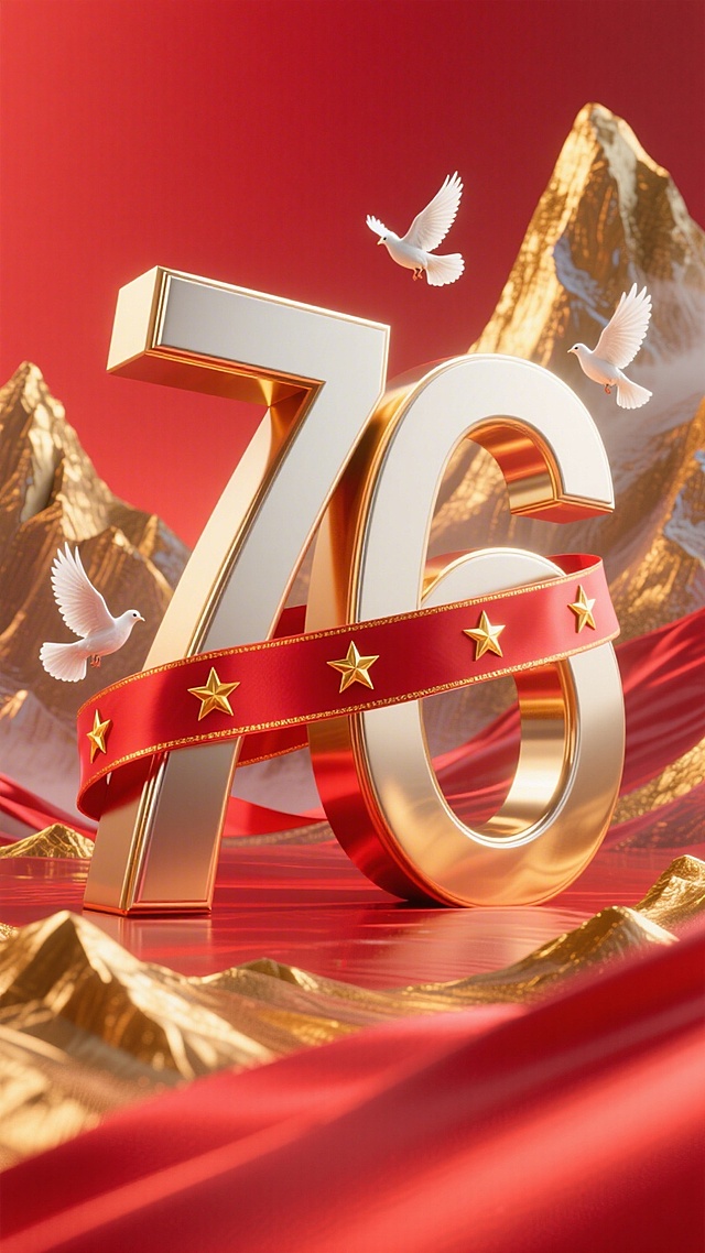 3D金属风大字“76”鎏金闪耀，红绸缠绕五星，白鸽翱翔于雪山之间，喜庆政务氛围浓厚，尽显奢华庆典感。