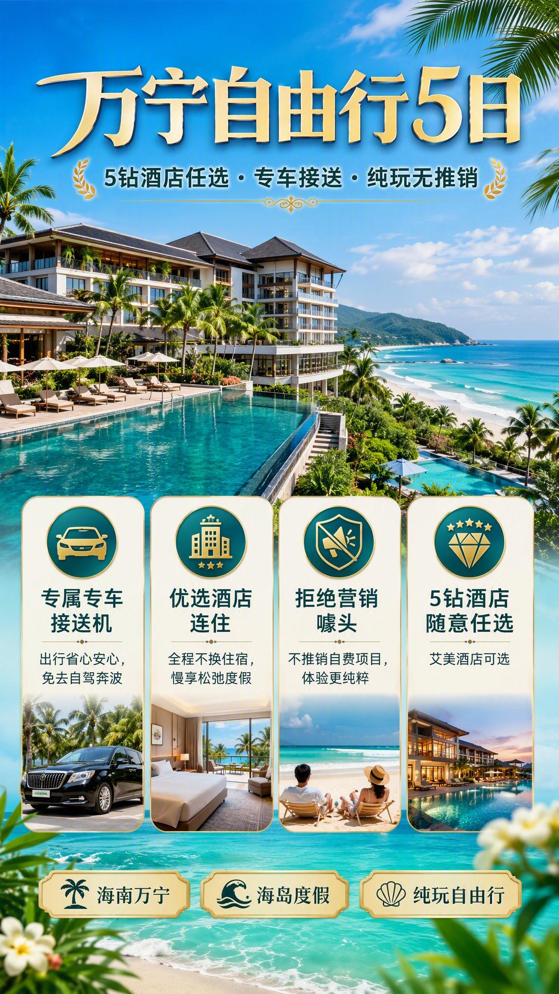 一张竖版旅游宣传海报，主题为万宁自由行5日。画面背景是海南万宁… - 图片创意预览
