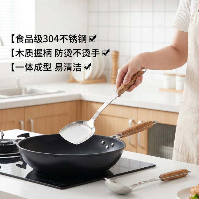 [主图 2] 304不锈钢锅铲汤勺核心卖点展示图
[氛围风格] 干净明亮家居风，真实使用场景
[画质] 商业摄影质感，光线柔和通透，产品清晰真实，画面干净高级
[元素] 女生右手手持锅铲在黑色炒锅上方预览效果